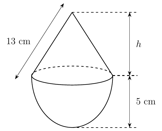 Cone of slant height 13 cm and height h standing on a hemisphere of radius 5 cm