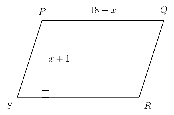 Parallelogram PQRS with top side PQ = 18 - x and a dashed perpendicular height x + 1 from P to SR