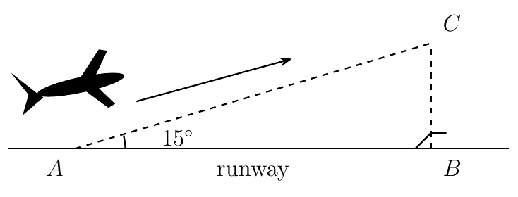 Aeroplane climbing from A on the runway to C at 15 degrees, with C vertically above B